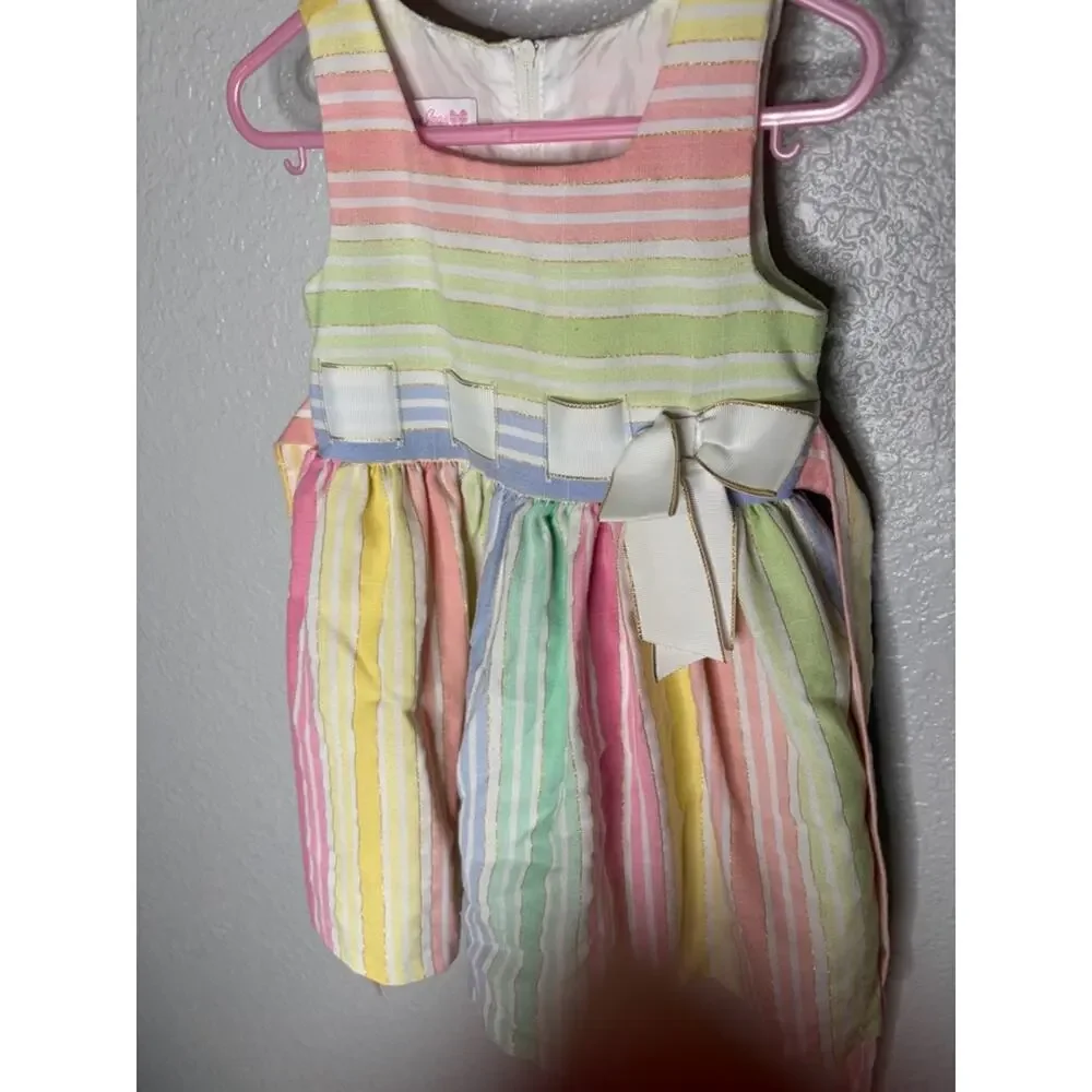 Bonnie Jean Girls Pastel Rainbow Stripe Sleeveless Dress with Bow size 3/3t
